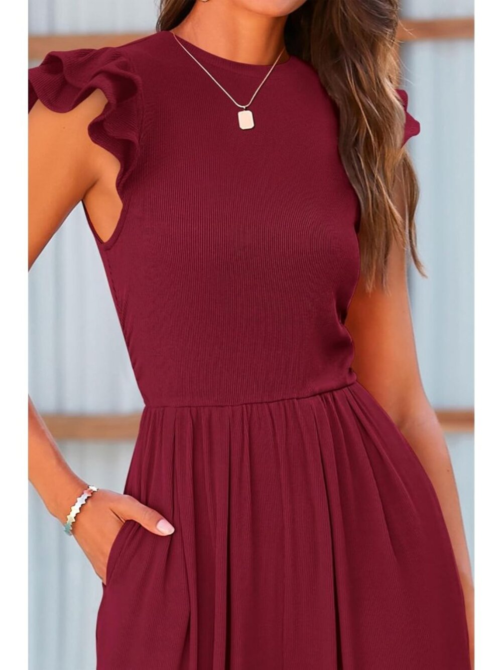 Women's Wine Red Fashion Ruffle Cap Sleeve Crew Neck Rib Knit One Piece Romper - Picture 6 of 6